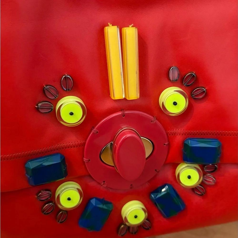 Maliparmi Red Crossbody Bag with Multicolor Stud Accents